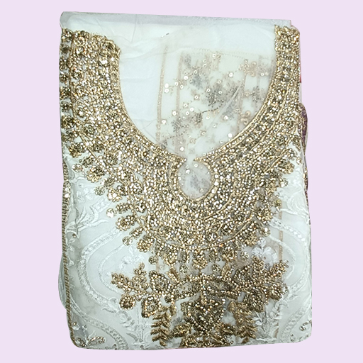 Pakistani Embroidery Work Purple White Combination Party Wear Suit (Fabric)